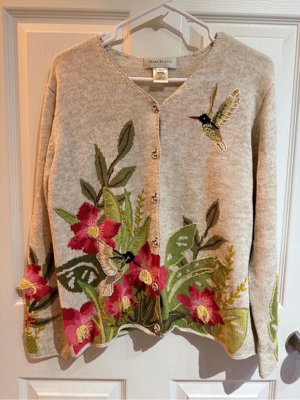 Vintage Susan Bristol Cream Floral & Hummingbird Cardigan Sweater L
